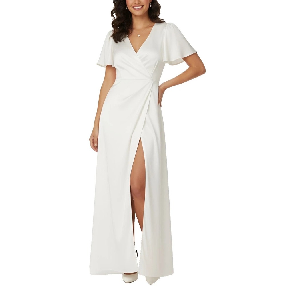 PrettyGarden Courthouse Wedding Dress Womens M White Romantic Satin High Slit